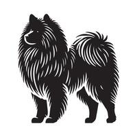 Keeshond Dog Standing silhouette - standing dog side view illustration in black and white vector