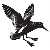 Dunlin Silhouette - Dunling Bird Clipart, Calidris alpina Design, Dunlin Landing Illustration in black and white vector