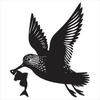 Dunlin Silhouette - Dunling Bird Clipart, Calidris alpina Design, Dunlin Flying with Fish Illustration in black and white vector
