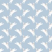 White rabbit seamless pattern on blue background. vector