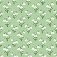Seamless snowdrop flower pattern on green background. Flat design. vector