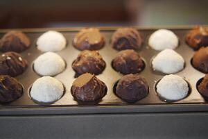 A Selection of Assorted Gourmet Chocolate Truffles Beautifully Arranged on Display photo