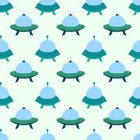 Alien spaceship, spacecrafts and UFO Seamless Pattern. Cosmic ship in form saucer for transportation. Children design. cartoon flat illustration. vector
