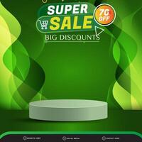 super sale big discount banner social media template post with blank space 3d podium for product with abstract gradient green and yellow background design vector
