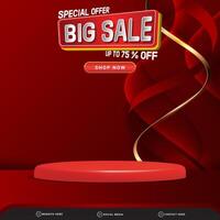 big sale banner social media template post with blank space 3d podium for product with abstract gradient red colour background design vector