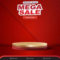 special offer mega sale banner social media template post with blank space 3d podium for product with abstract gradient red background design vector