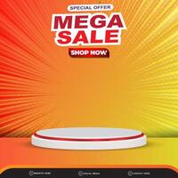 special offer mega sale banner social media template post with blank space 3d podium for product with abstract gradient orange and yellow background design vector