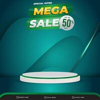 mega sale banner social media template post with blank space 3d podium for product with abstract gradient blue and green colour background design vector
