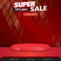 flash sale banner social media template post with blank space 3d podium for product with abstract gradient red colour background design vector