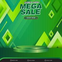 3d mega sale banner social media template post with blank space 3d podium for product with abstract gradient green and yellow background design vector