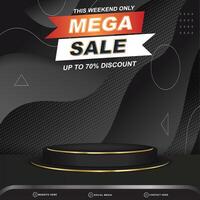 mega sale discount banner social media template post with blank space 3d podium for product with abstract gradient black background design vector