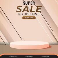 3d super sale banner social media template post with blank space podium for product with gradient pink and white background vector