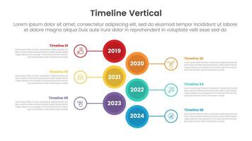 vertical timeline milestone infographic template banner with big circle stack opposite with 6 point list information for slide presentation vector