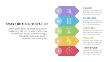 SMART goals setting framework infographic with rectangle arrow stack with 5 step points for slide presentation vector