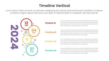 vertical timeline milestone infographic template banner with outline circle stack and big years with 4 point list information for slide presentation vector