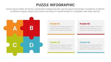 puzzle jigsaw infographic 4 point stage template with square puzzle combination and box rectangle text content with description for slide presentation vector