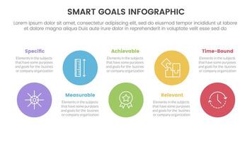 SMART goals setting framework infographic with big circle timeline ups and down with 5 step points for slide presentation vector