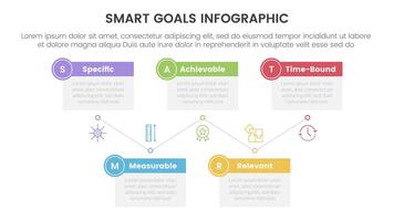 SMART goals setting framework infographic with box table up and down with 5 step points for slide presentation vector