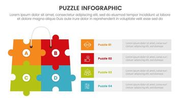 puzzle jigsaw infographic 4 point stage template with big box on left and long rectangle information content with description for slide presentation vector