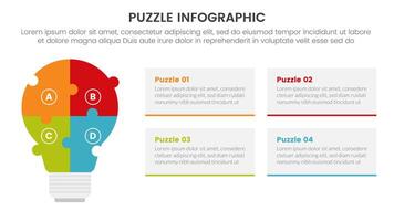 puzzle jigsaw infographic 4 point stage template with idea lamp shape for creativity with description for slide presentation vector