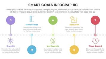SMART goals setting framework infographic with timeline circle point up and down with 5 step points for slide presentation vector