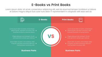 ebook vs physical book comparison concept for infographic template banner with full page box background center with two point list information vector