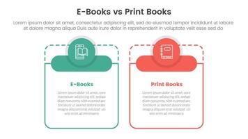 ebook vs physical book comparison concept for infographic template banner with big table shape round circle header with two point list information vector