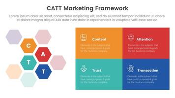 catt marketing framework infographic 4 point stage template with hexagonal honeycomb and rectangle box for slide presentation vector