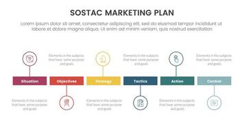 SOSTAC marketing planning model infographic with small rectangle box and outline circle up and down with 6 step points for slide presentation vector