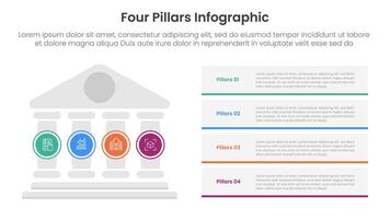 Four pillars framework with ancient classic construction infographic with 4 point stage template with pillars on left and rectangle box stack for slide presentation vector