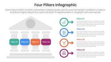 Four pillars framework with ancient classic construction infographic with 4 point stage template with left column and outline circle arrow for slide presentation vector