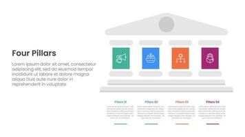 Four pillars framework with ancient classic construction infographic with 4 point stage template with big pillars on right column side for slide presentation vector