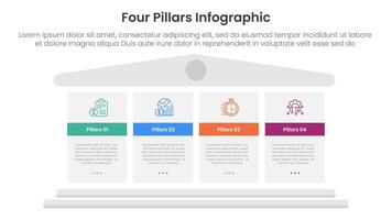 Four pillars framework with ancient classic construction infographic with 4 point stage template with big block pillars for slide presentation vector