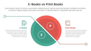 ebook vs physical book comparison concept for infographic template banner with big slice half circle with line separation with two point list information vector