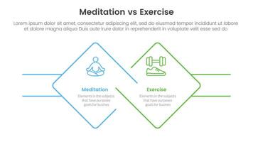 meditation vs physical exercise comparison or versus concept for infographic template banner with diamond outline shape and rectangle with two point list information vector