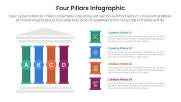 Four pillars framework with ancient classic construction infographic with 4 point stage template with left column and creative box description for slide presentation vector