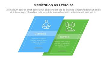 meditation vs physical exercise comparison or versus concept for infographic template banner with skewed square shape with two point list information vector