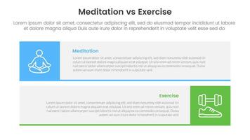 meditation vs physical exercise comparison or versus concept for infographic template banner with long rectangle box horizontal stack with two point list information vector