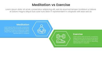 meditation vs physical exercise comparison or versus concept for infographic template banner with big rectangle with arrow edge and hexagon with two point list information vector