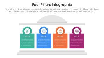 Four pillars framework with ancient classic construction infographic with 4 point stage template with creative block pillar and circle badge outline for slide presentation vector