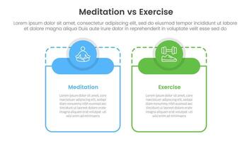 meditation vs physical exercise comparison or versus concept for infographic template banner with big table shape round circle header with two point list information vector