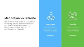 meditation vs physical exercise comparison or versus concept for infographic template banner with big column banner on right layout with two point list information vector