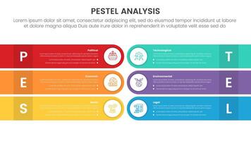 pestel business analysis tool framework infographic with round rectangle circle edge opposite direction with 6 point stages concept for slide presentation vector