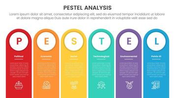 pestel business analysis tool framework infographic with round box header outline with 6 point stages concept for slide presentation vector