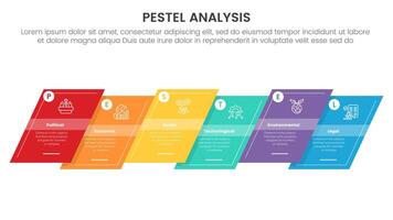 pestel business analysis tool framework infographic with skew box sledge with up and down with 6 point stages concept for slide presentation vector