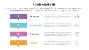 soar analysis framework infographic with rectangle box stack with small arrow bottom with 4 point list concept for slide presentation vector
