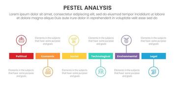 pestel business analysis tool framework infographic with timeline horizontal line outline circle up and down style 6 point stages concept for slide presentation vector