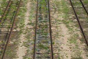 Top view of the empty railway tracks. View of the rails from above photo