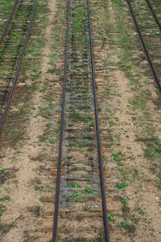 Top view of the empty railway tracks. View of the rails from above photo