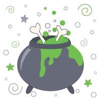 Halloween themed illustration featuring a bubbling cauldron filled with green potion and bones, surrounded by whimsical stars and swirls. Perfect for spooky designs, party invitations. vector